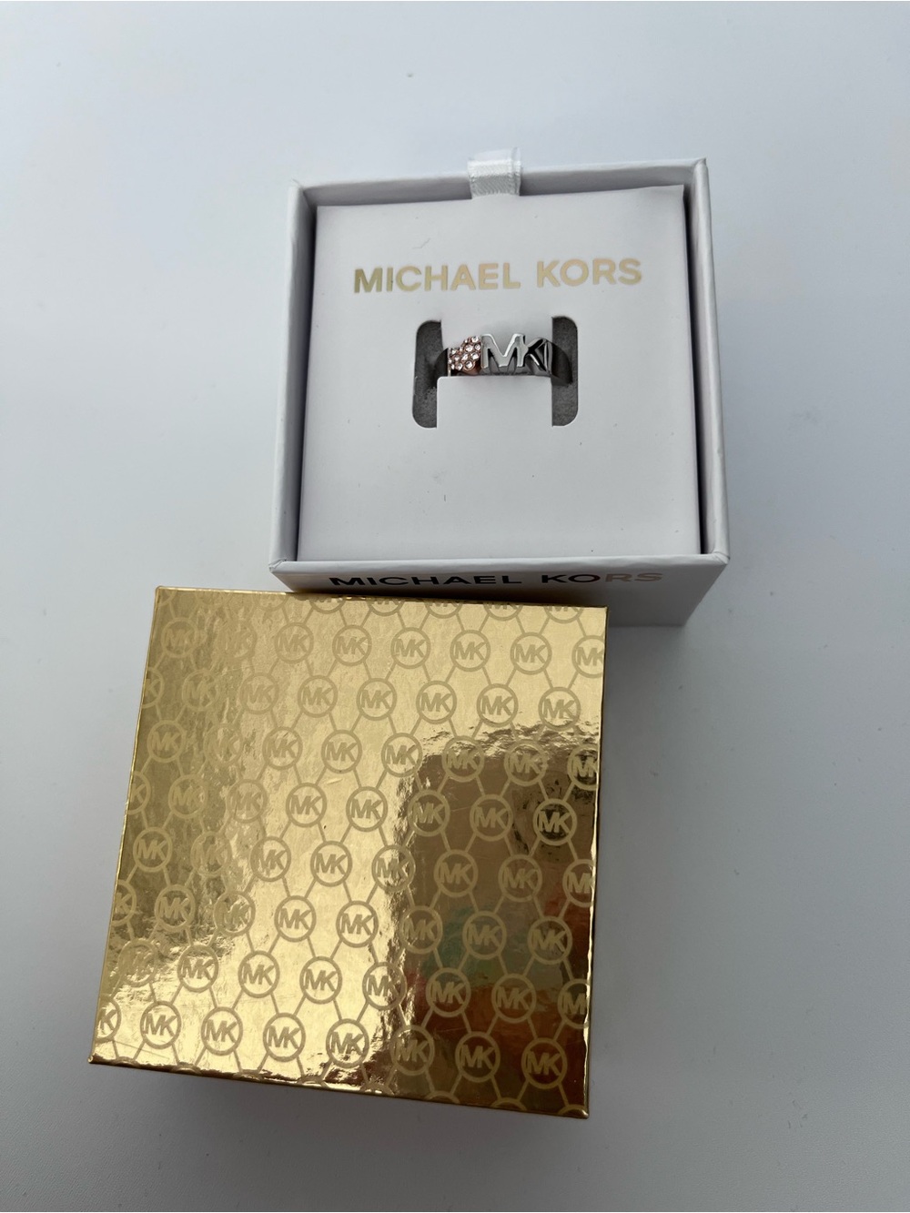 Michael Kors Silver and Rose Gold MK Logo Ring